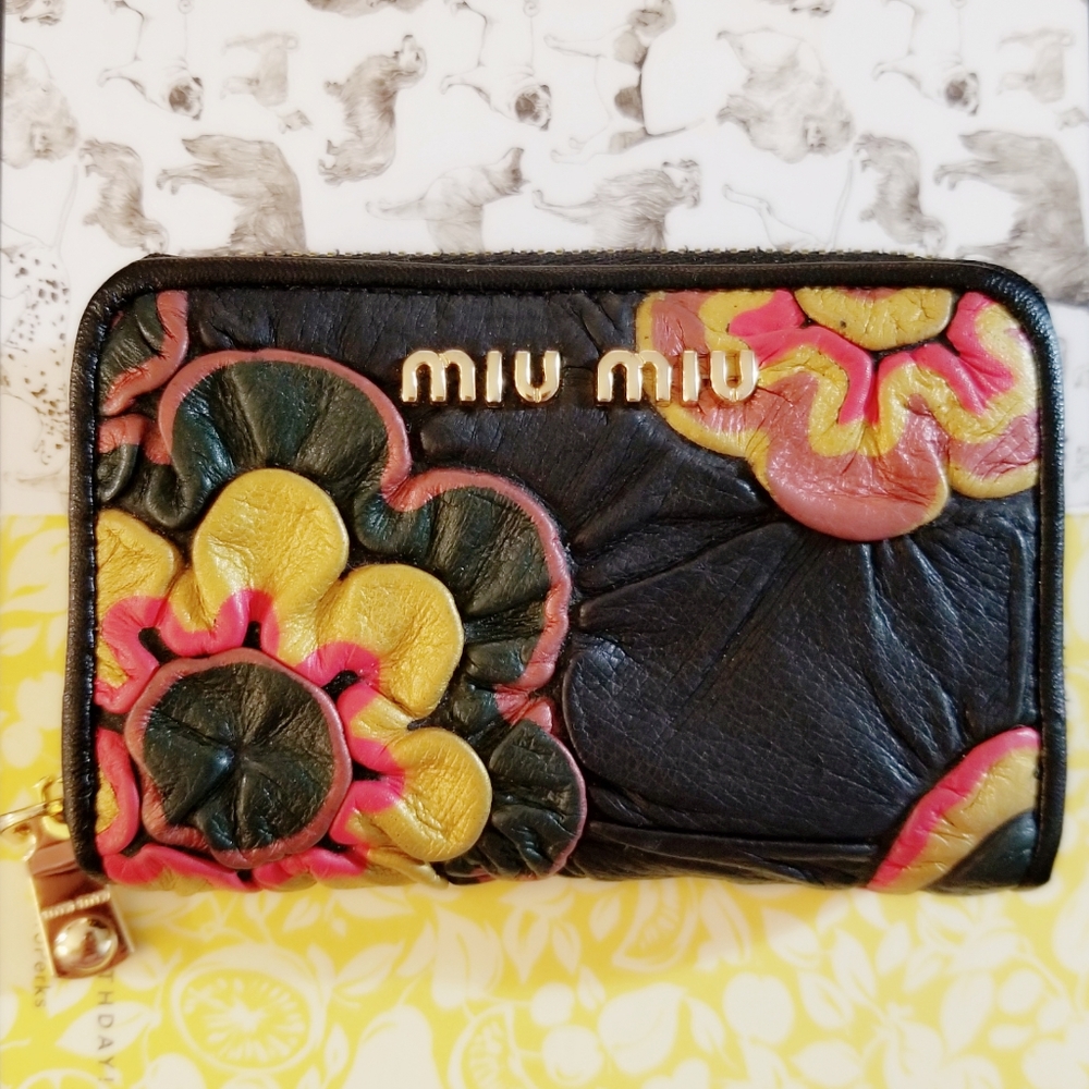 MIU MIU Leather Floral Card Holder Wallet Flowers